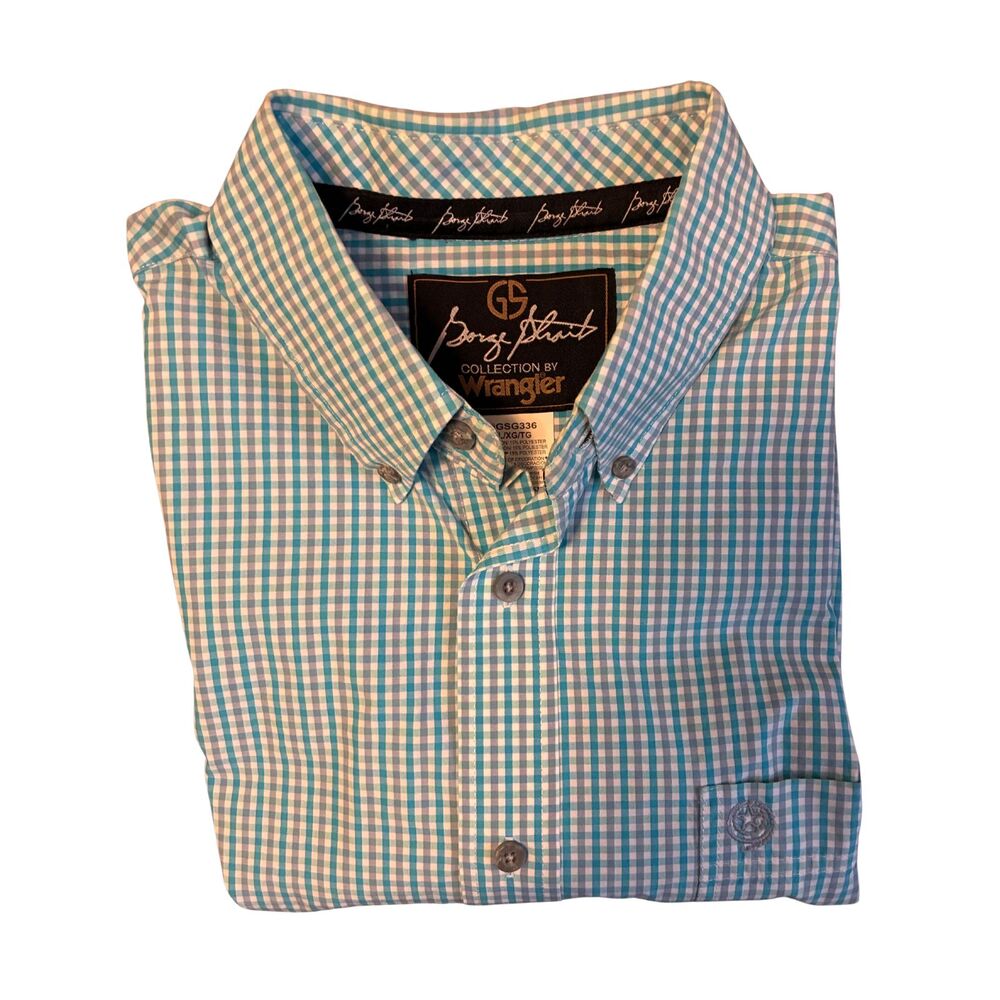 Wrangler George Strait Short Sleeve Button Up Shirt Turquoise White Plaid